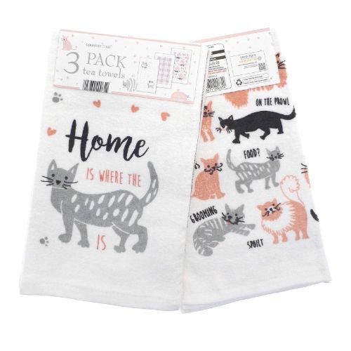 Pack of 3 Cats Design 100% Cotton Tea Towels