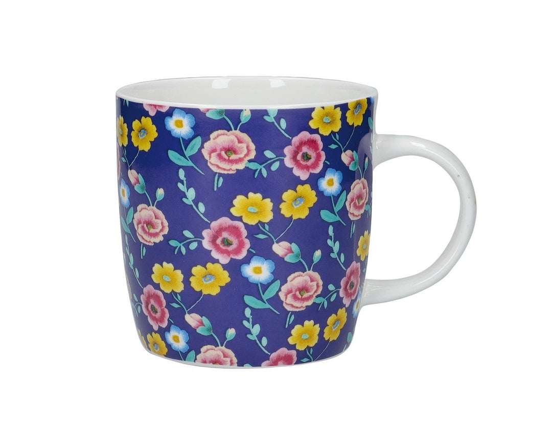 KitchenCraft China 425ml Navy Floral Barrel Shaped Mug