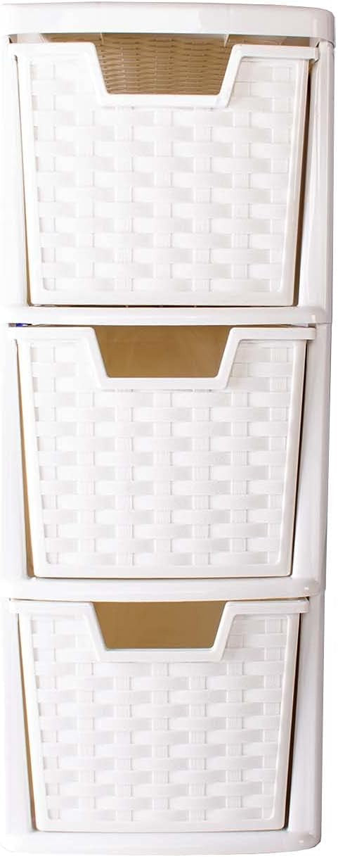 Plastic Rattan Handi 3 Drawer Storage Tower Deep Drawers Cream