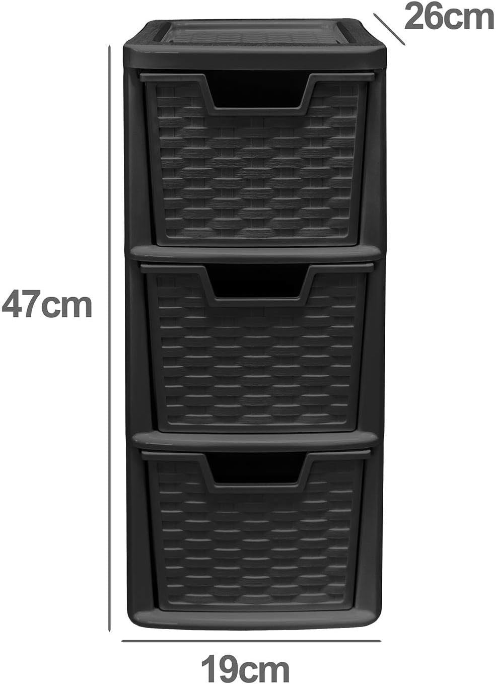 Plastic Rattan Handi 3 Drawer Storage Tower Deep Drawers Black