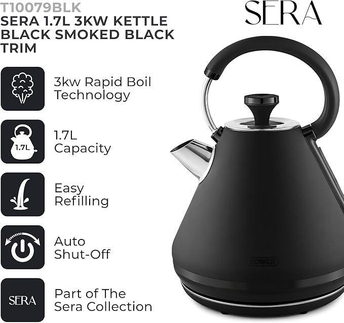 Tower Sera 1.7L 3KW Kettle Black Smoked Black Trim T10079BLK