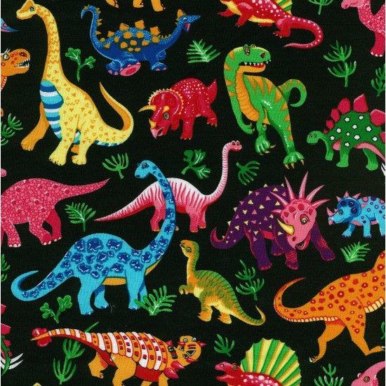 Printed Patchwork Quilted Cotton Fabric : Dinosaur Dance Black  Sold By The Metre