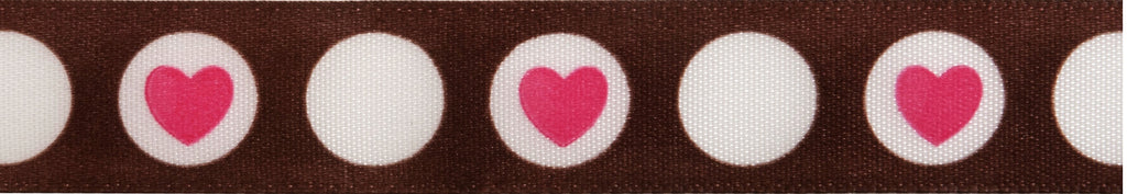 Ribbon: Circle Heart: 3.5m x 15mm: Hot Pink & Brown on White