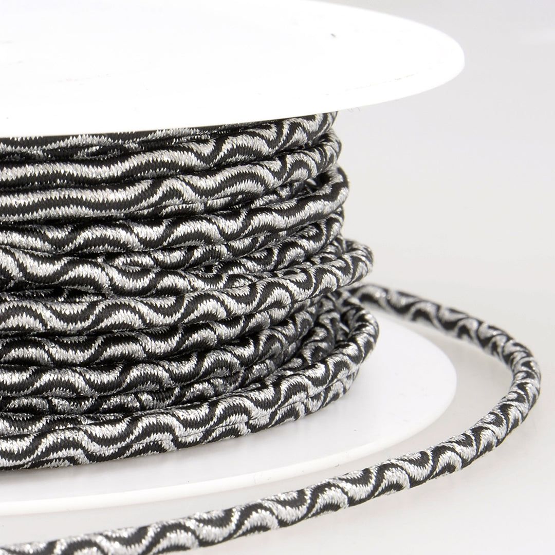 Trim: Cord: Elastic Wave: 3mm: Silver and Black Sold by the Metre