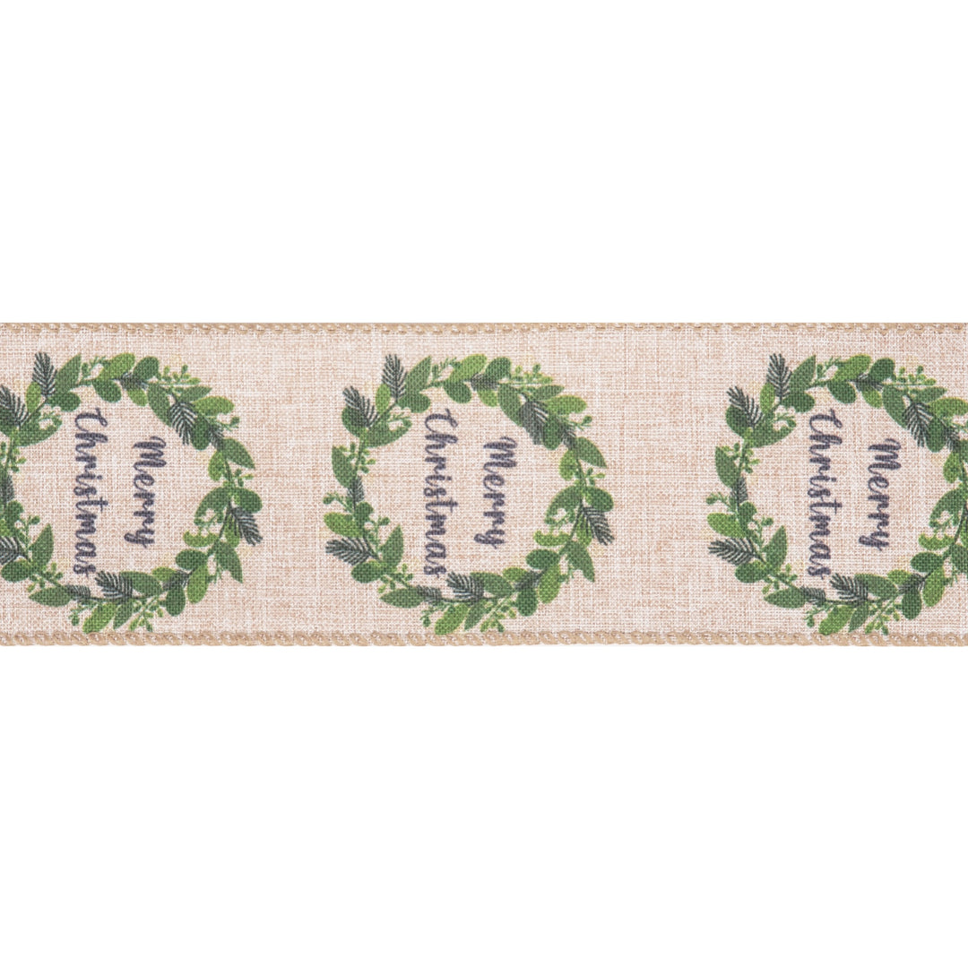 Premium Wire Edge Ribbon: Printed: 63mm: Christmas Wreath Sold By The Metre