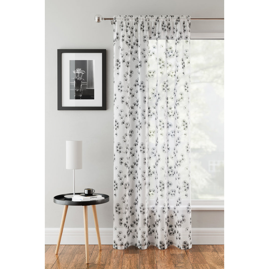 Delilah Ready Made Voile Panel White with Black Gingko Leaf