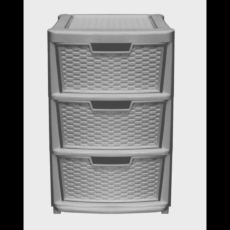 Plastic Rattan 3 Drawer Storage Tower Grey