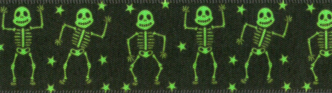 Ribbon: Dancing Skeleton: 25mm: Green - Sold By The Metre