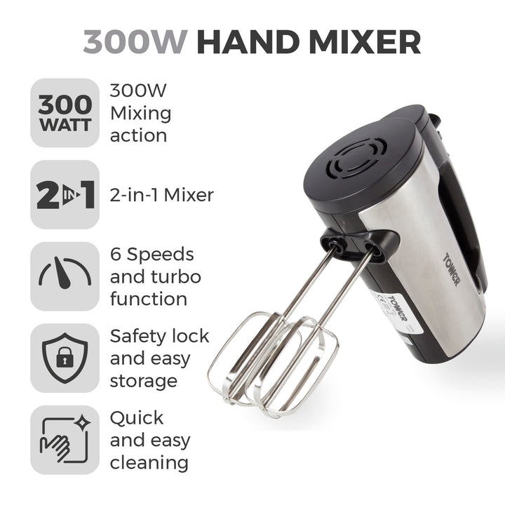 Tower 300W Stainless Steel Hand Mixer T12016