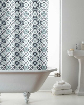 Blue Geo Tiles Design Shower Curtains with Rings