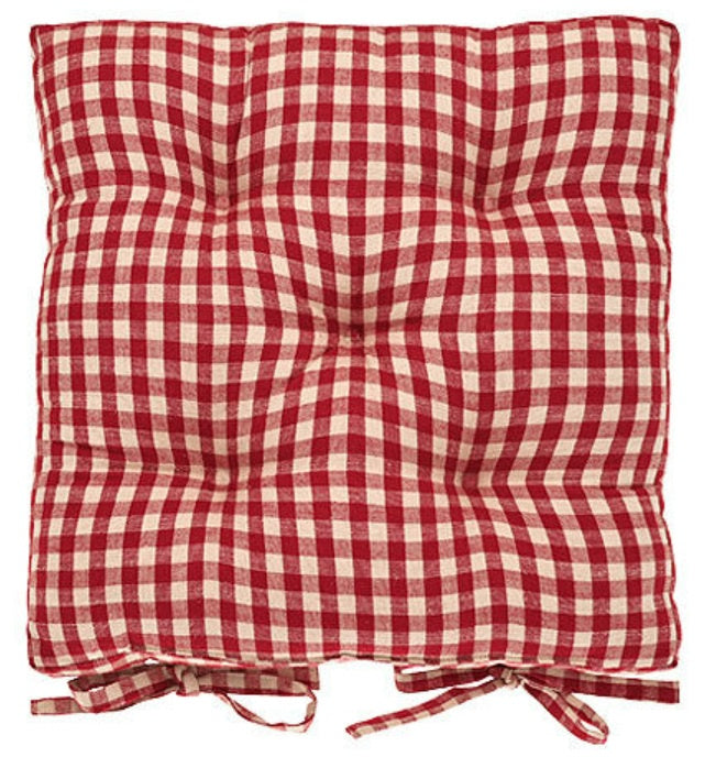 Gingham Seat Pad With Ties Red 38cm