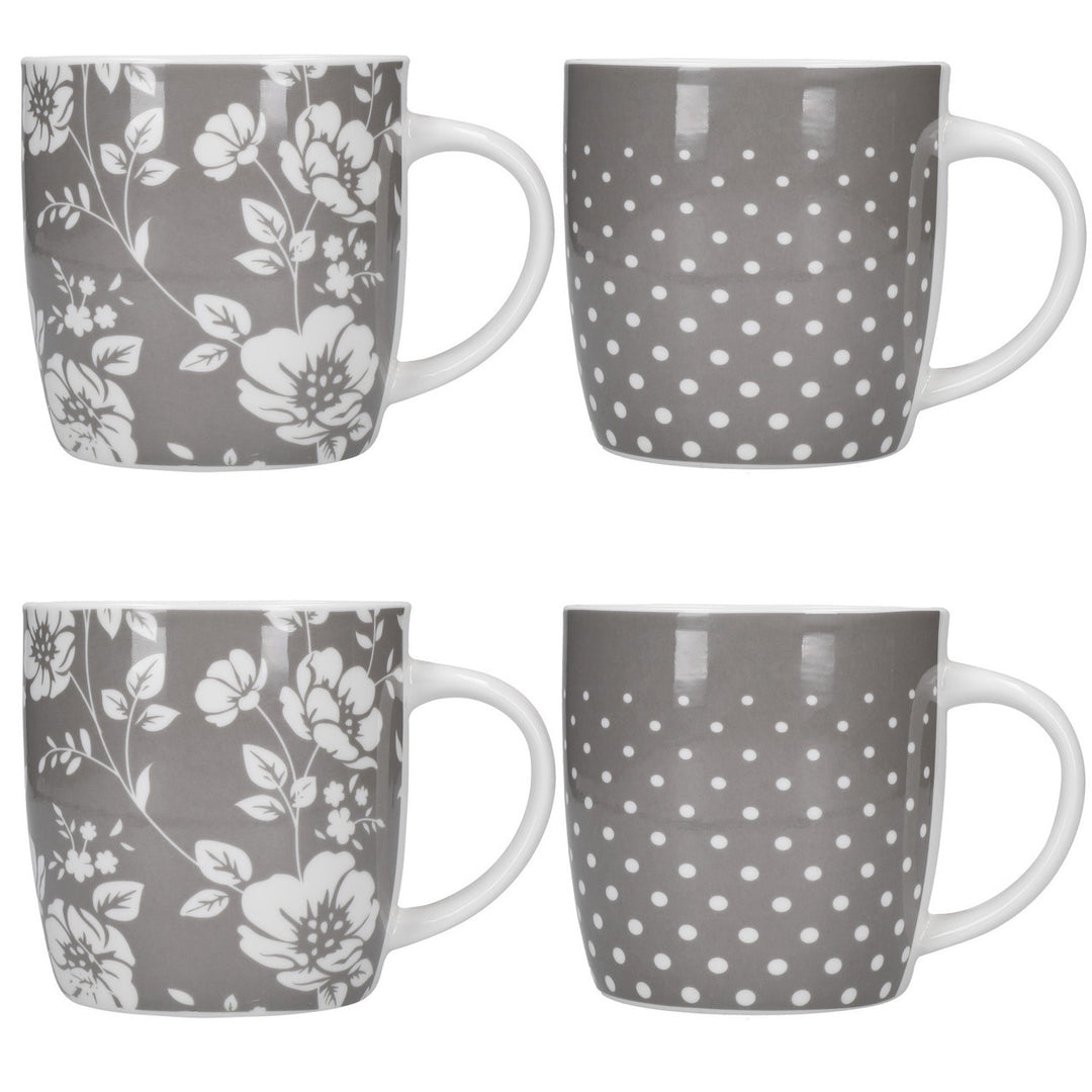 KitchenCraft Barrel Mug Set, Grey Floral / Polka Dot, Set of 4