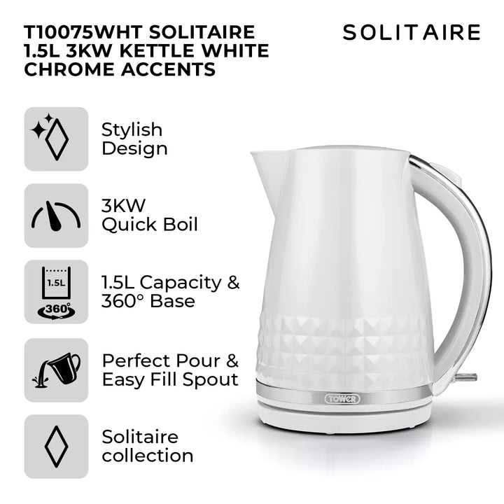 Tower Solitaire 1.5L 3KW Kettle White Chrome Accents T10075WHT