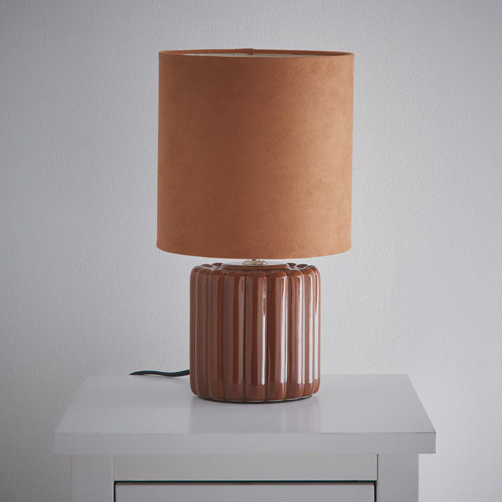 Zoe Ceramic Round Table Lamp With Matching Velvet Shade Brown