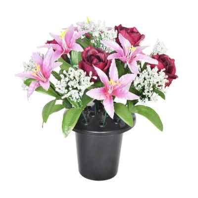 25Cm  Burgundy Lily Rose Gypsophil Grave Pot