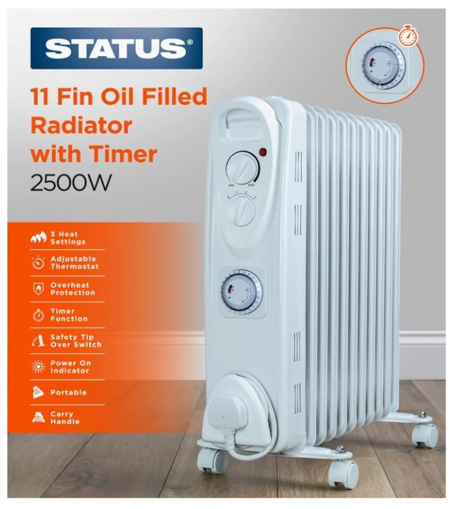 Status 11 Fin  Oil Filled Radiator Timer Heater 2500w White