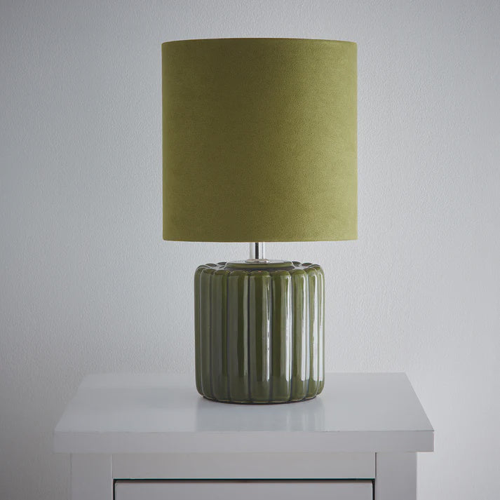 Zoe Ceramic Round Table Lamp With Matching Velvet Shade Moss Green