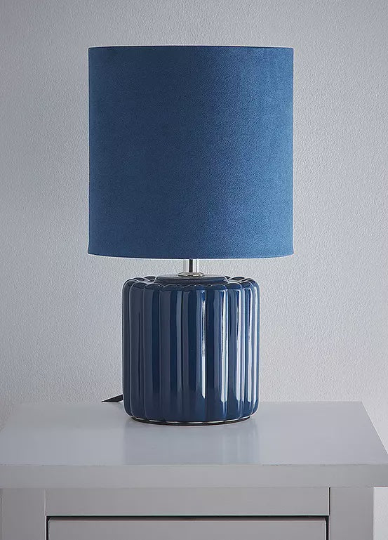 Zoe Ceramic Round Table Lamp With Matching Velvet Shade Navy